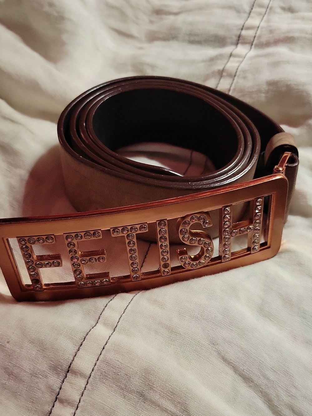FETISH Brand Leather Belt With Rhinestone Pinkish Gold Buckle